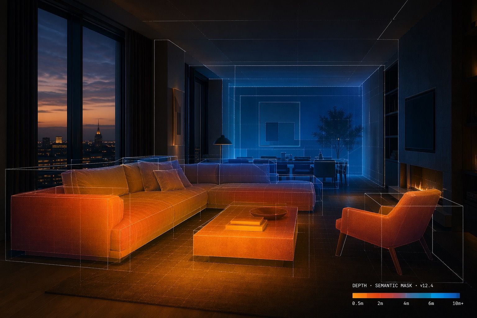 Depth map and semantic mask overlay, West London flat